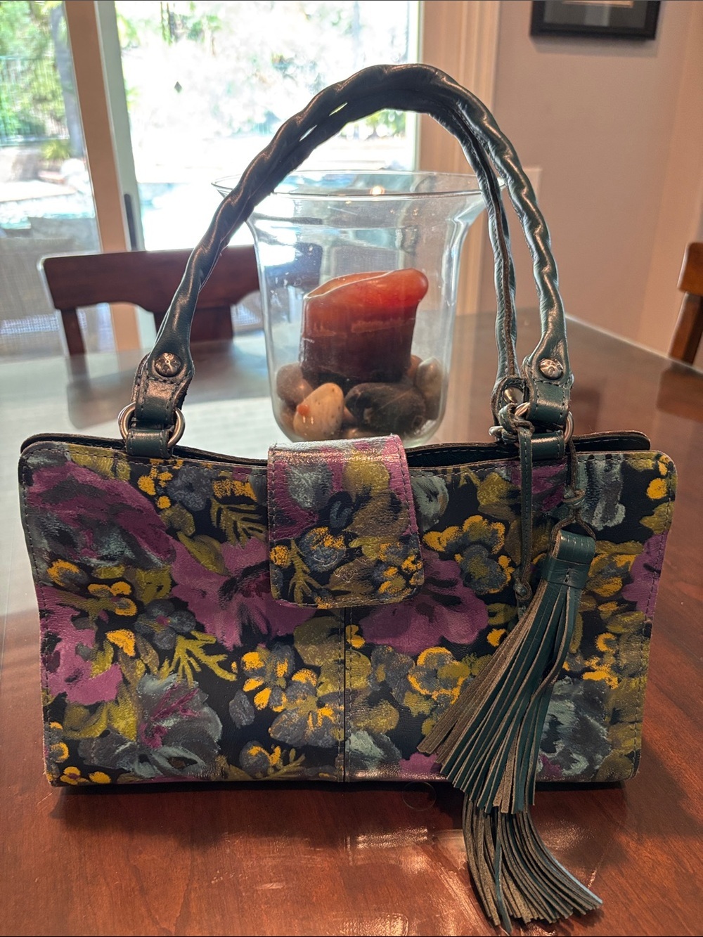 Patricia Nash Floral Leather Shoulder Bag in Purple, Teal and Yellow
